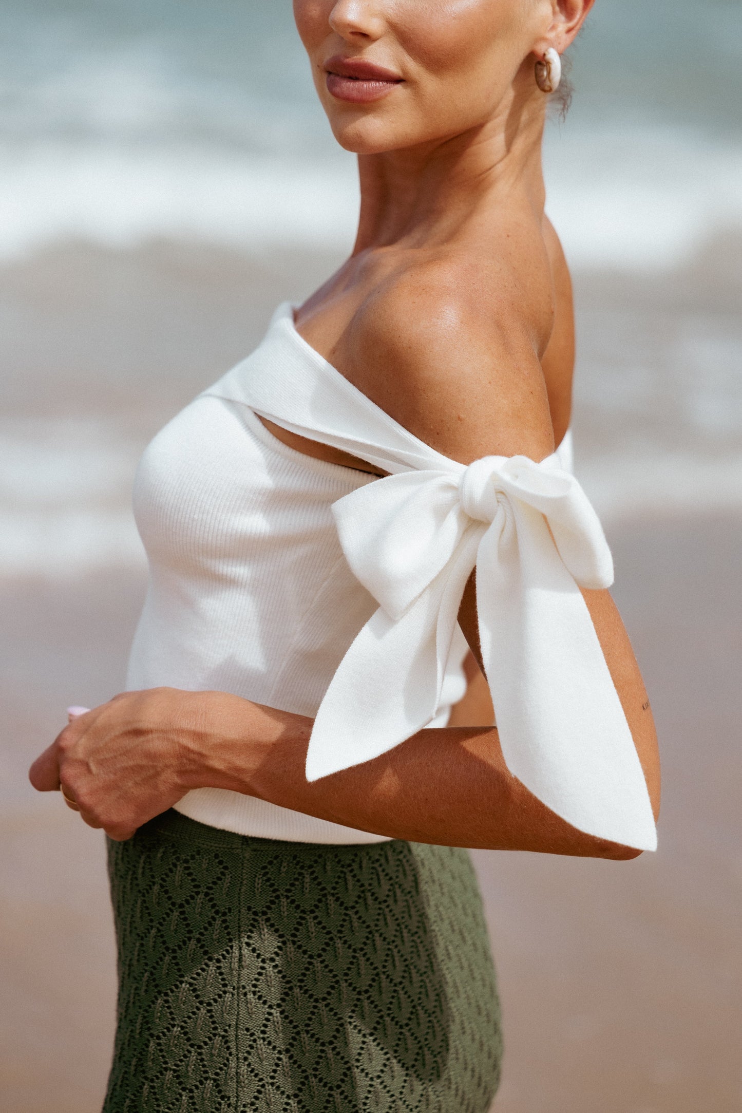 Charama Off Shoulder Knit Top - White