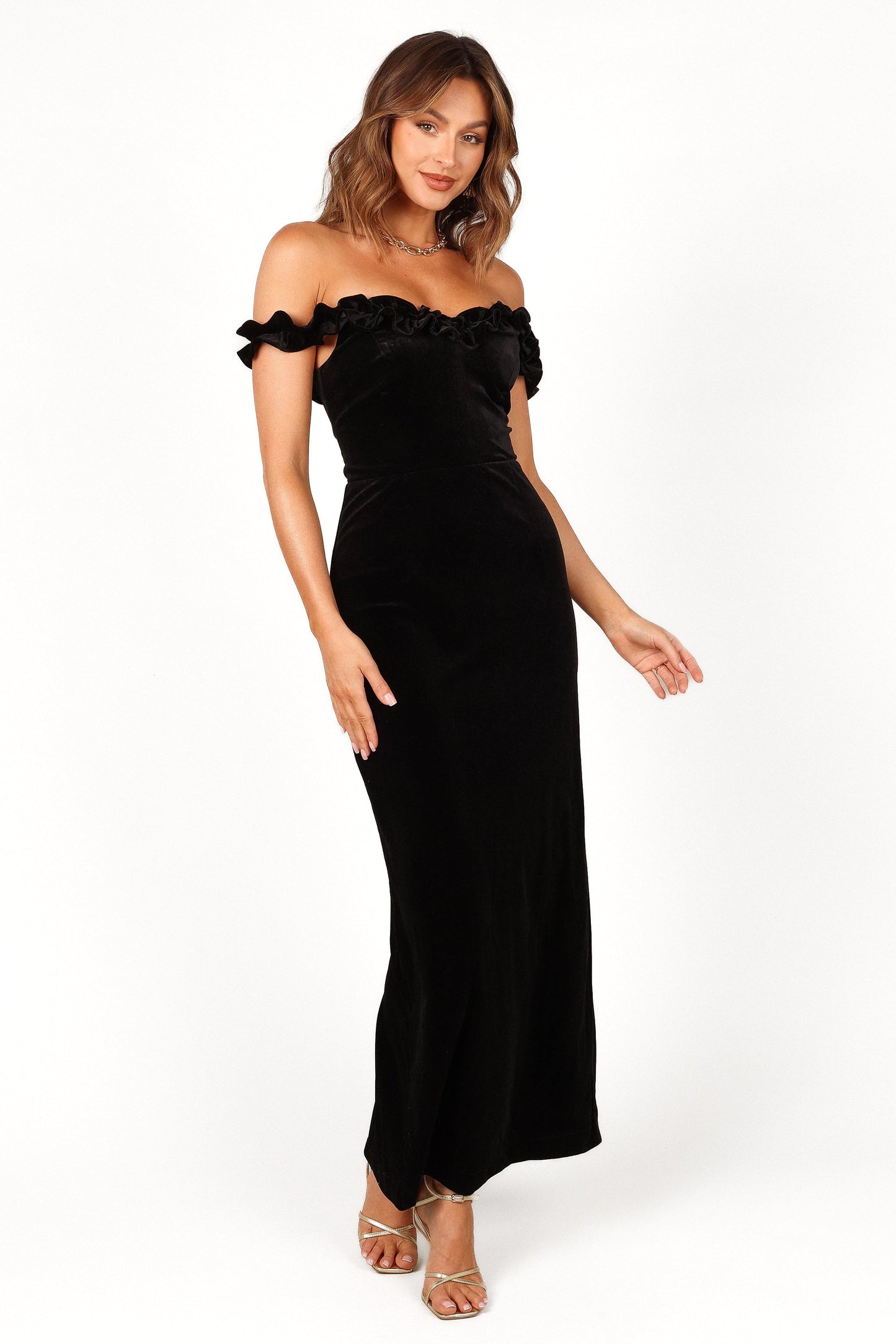 Celeste Off Shoulder Velvet Maxi Dress - Black