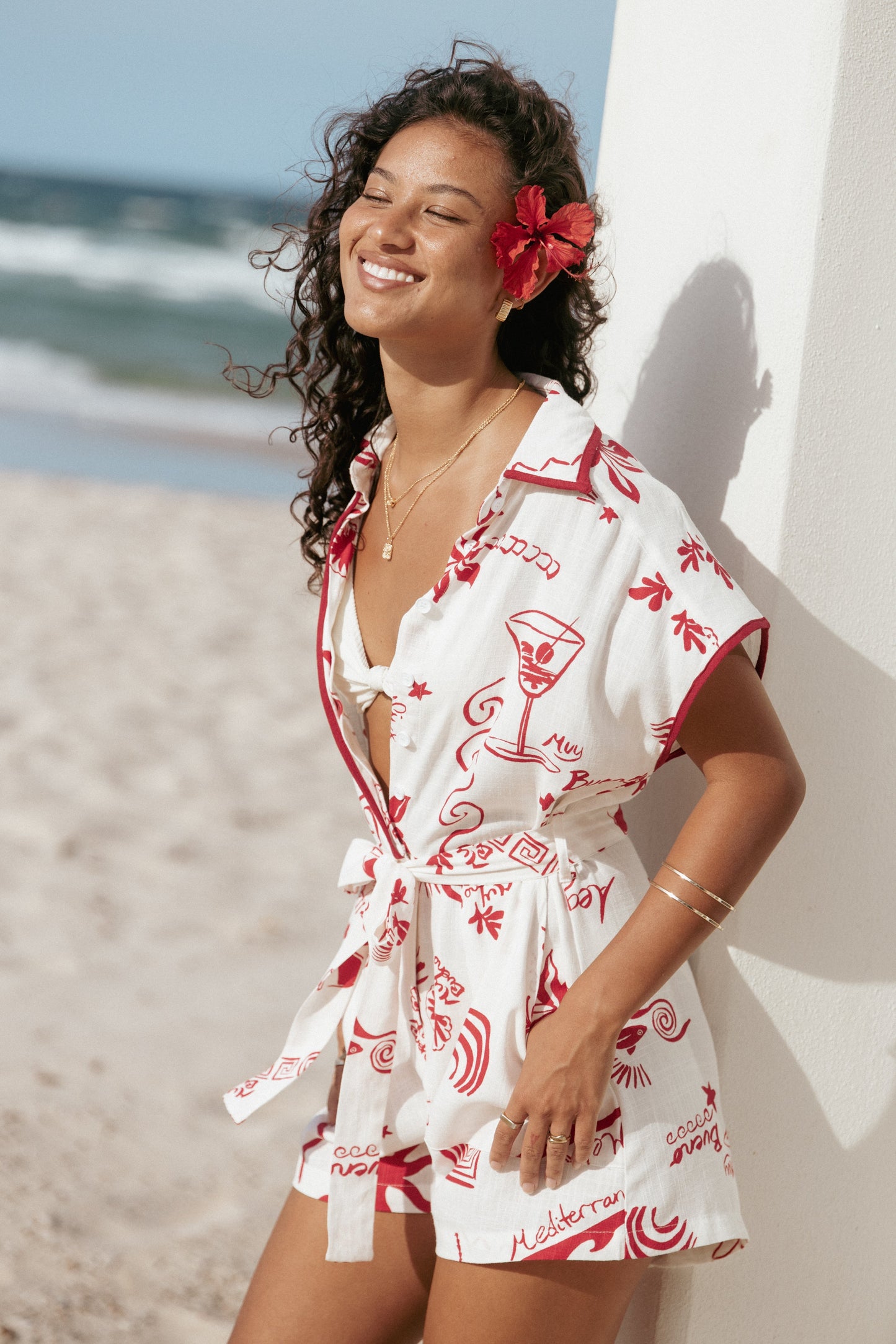 Kensie Tie Waist Romper - Red