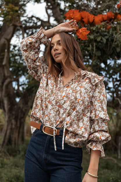 Selmah Long Sleeve Top - Cream Olive Orange