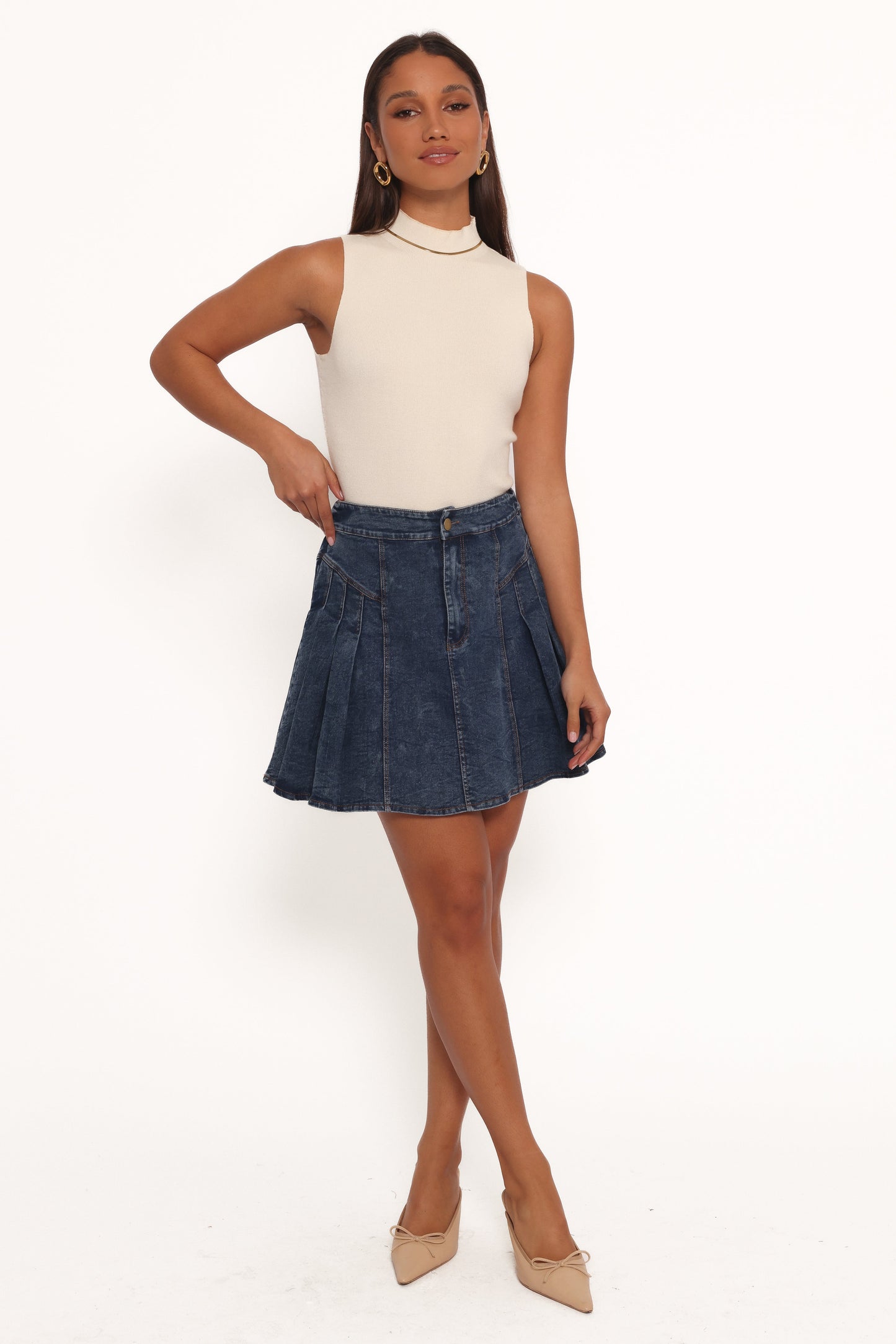 Alek Pleated Mini Skirt - Mid Wash Denim