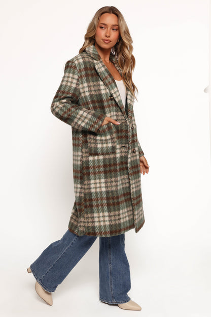 Anika Plaid Long Coat - Green/Brown