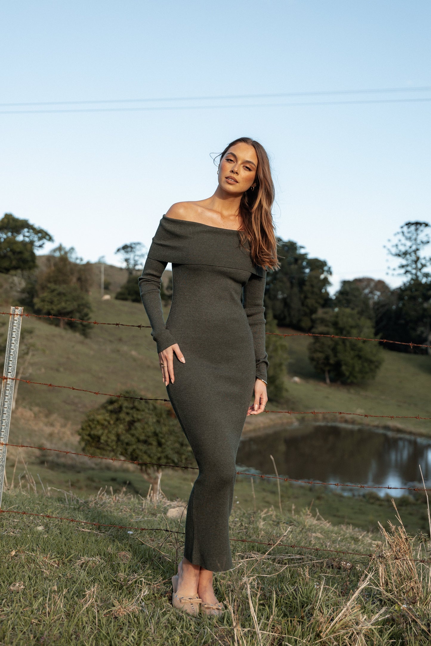 Archie Off The Shoulder Midi Dress - Olive