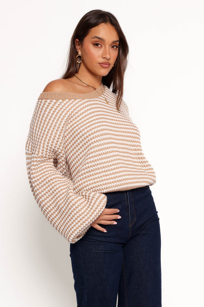 Becca Crewneck Waffle Stitch Stripe Knit Sweater - Tan