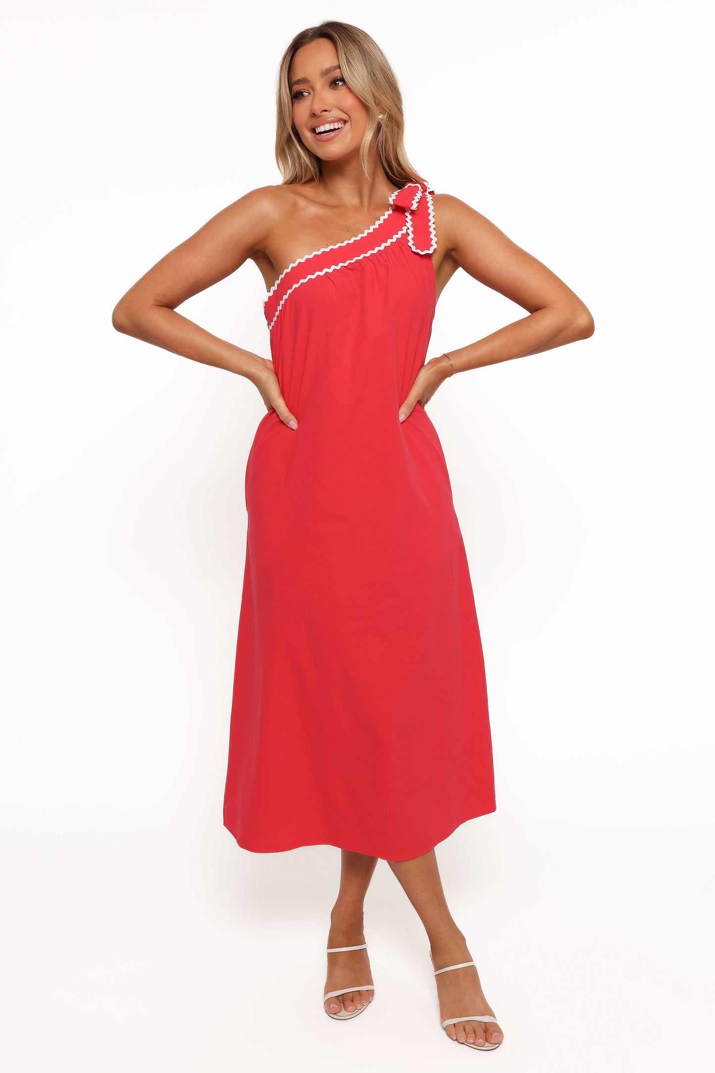 Brynlee One Shoulder Midi Dress - Red/White