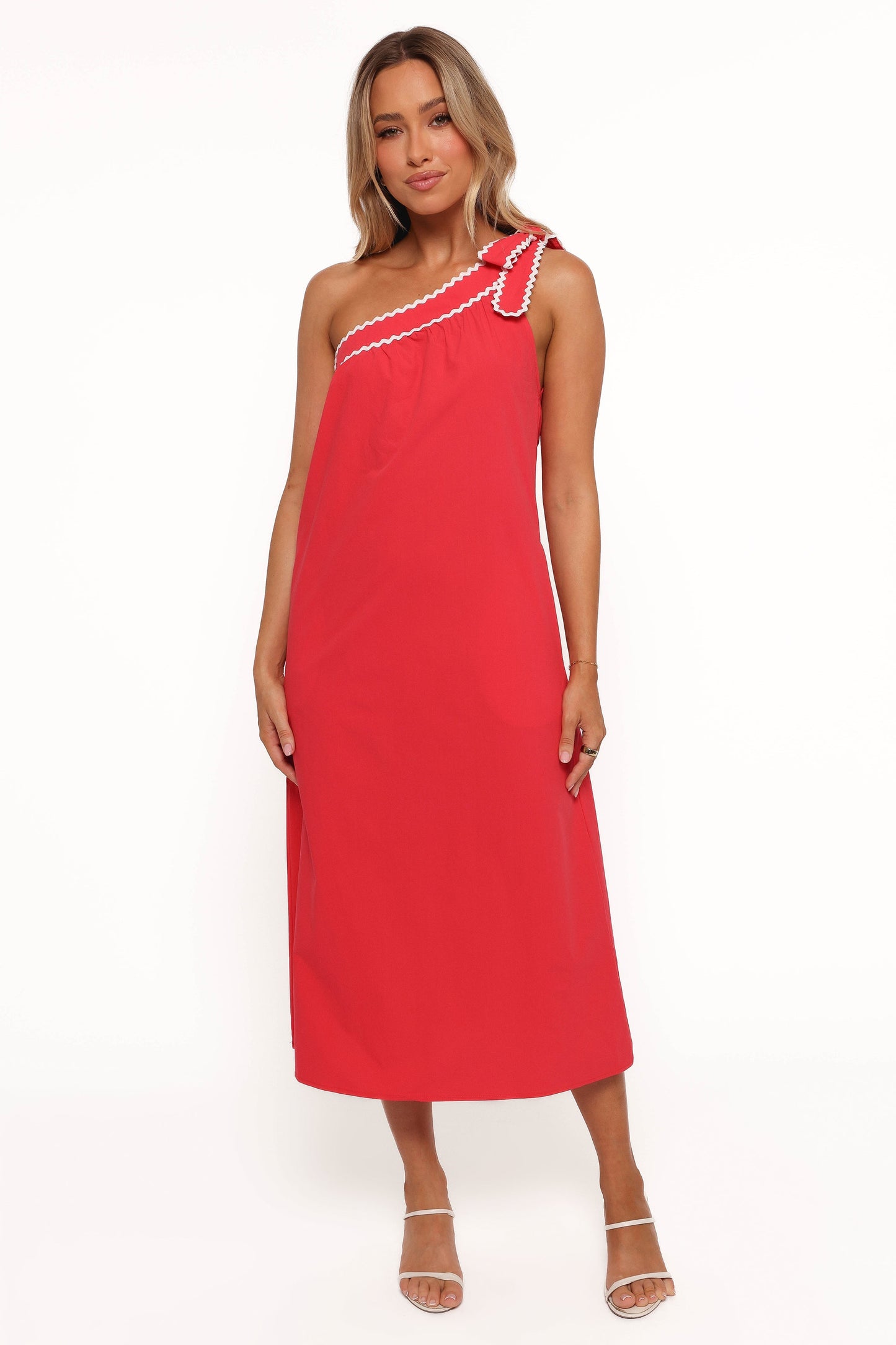 Brynlee One Shoulder Midi Dress - Red/White