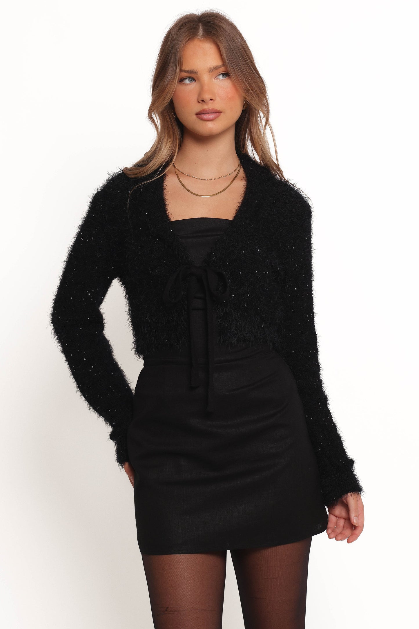 Capra Fuzzy Tie Front Cardigan - Black