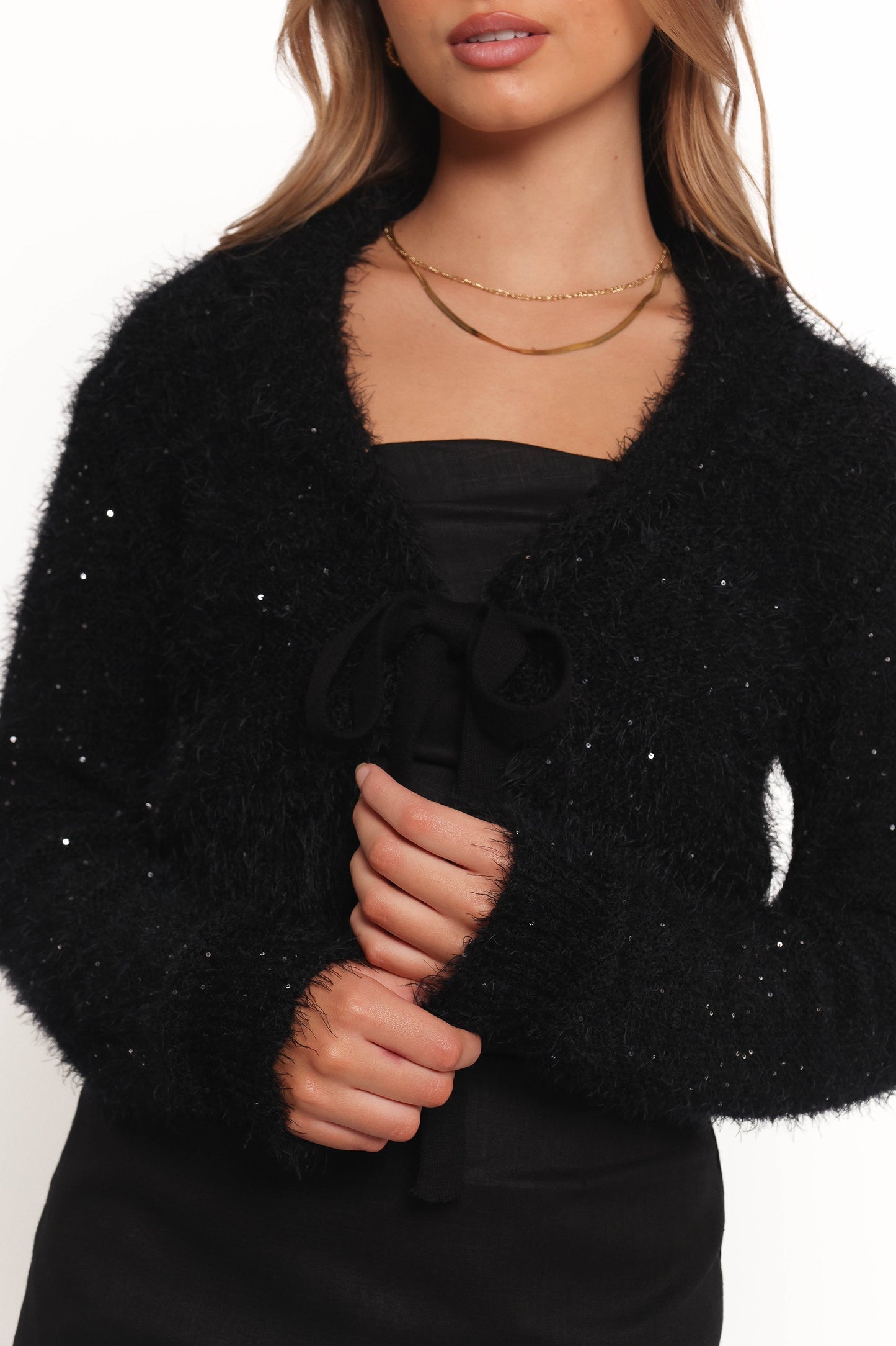 Capra Fuzzy Tie Front Cardigan - Black