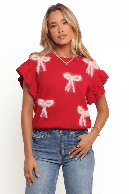 Cherish Ruffle Sleeve Bow Knit Sweater - Red