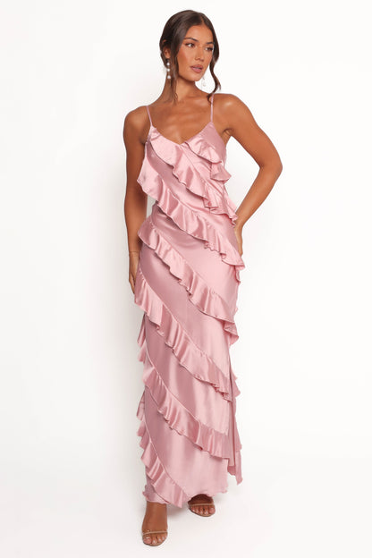 Ciao Ruffles Maxi Satin Dress - Pink