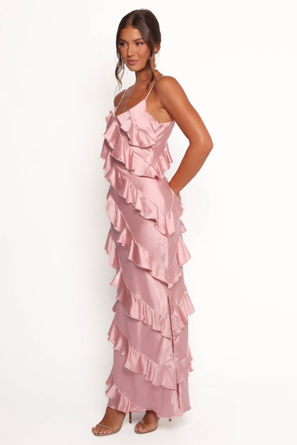 Ciao Ruffles Maxi Satin Dress - Pink