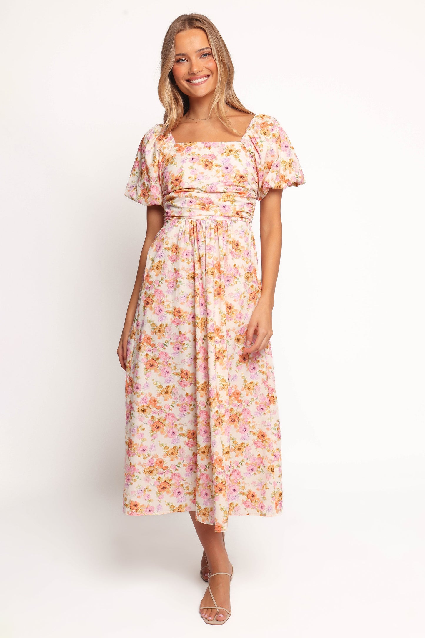 Clo Puff Sleeve Midi Dress - Peach Floral