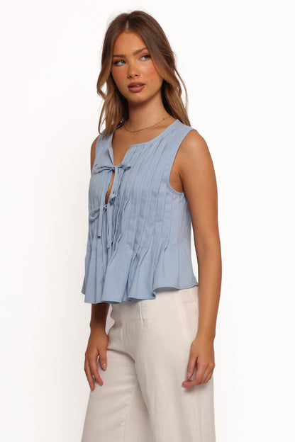 Delia Pleat Tie Top - Blue