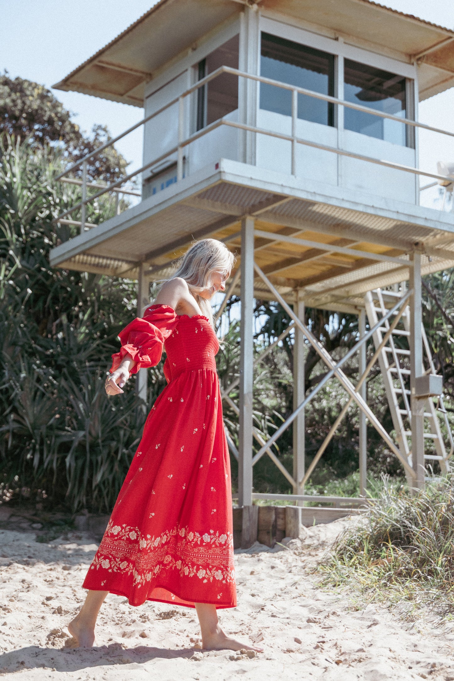 Domenica Shirred Long Sleeve Midi Dress - Red Floral Bandana