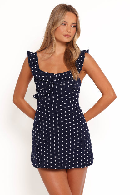 Ebony Mini Dress - Navy White Polka Dot