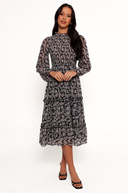 Edwina Shirred Frill Long Sleeve Midi Dress - Black Floral