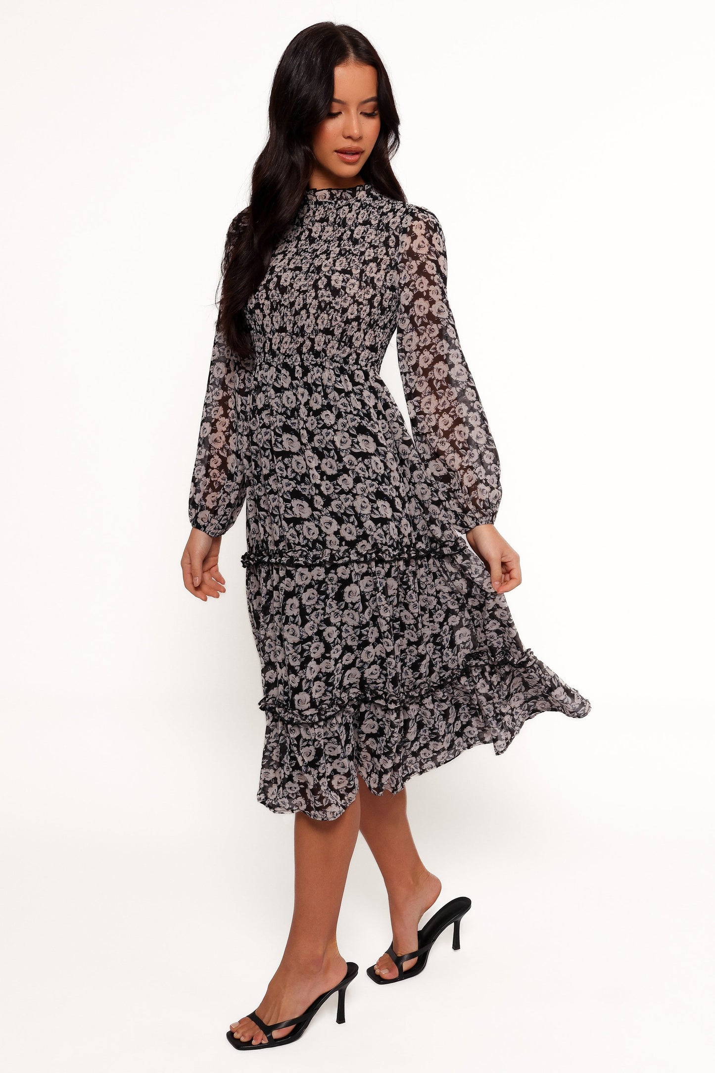 Edwina Shirred Frill Long Sleeve Midi Dress - Black Floral