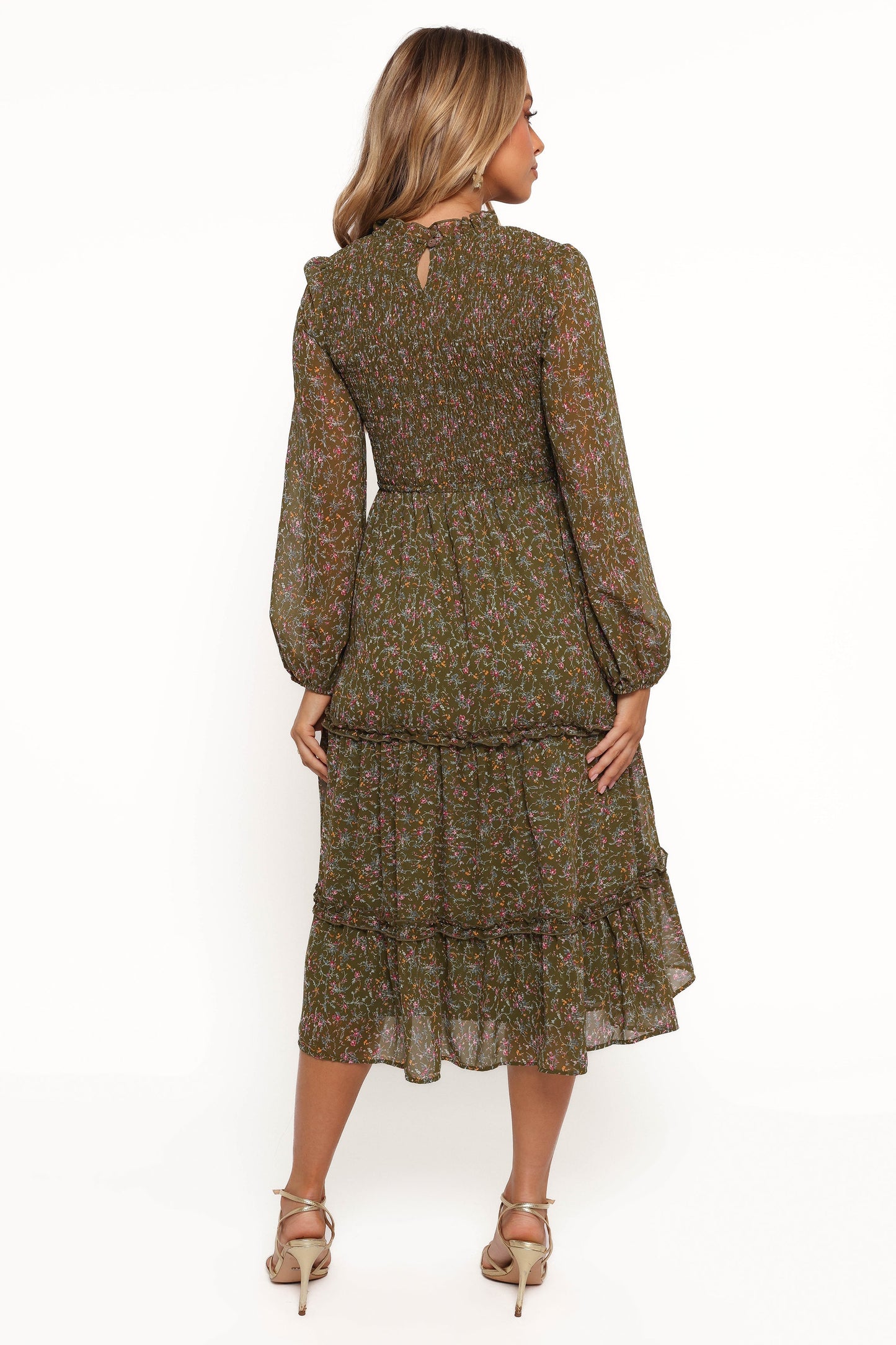 Edwina Shirred Frill Long Sleeve Midi Dress - Olive Floral