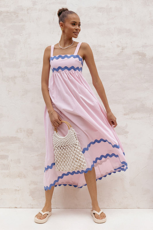 Fitzgerald Maxi Dress - Pink/Blue Trim