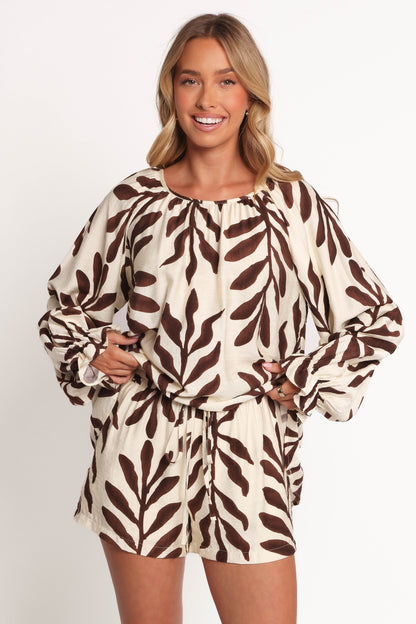 July Long Sleeve Smock Top - Brown Palm