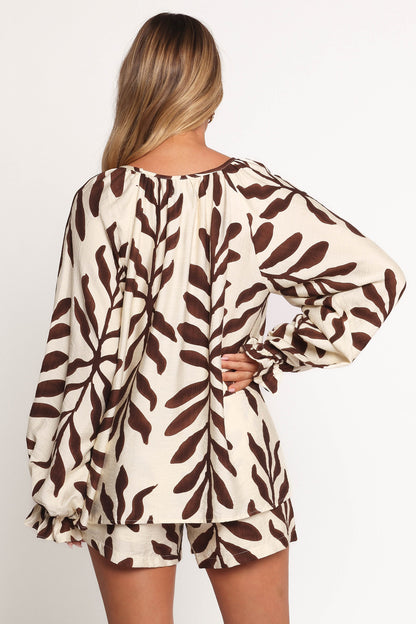 July Long Sleeve Smock Top - Brown Palm