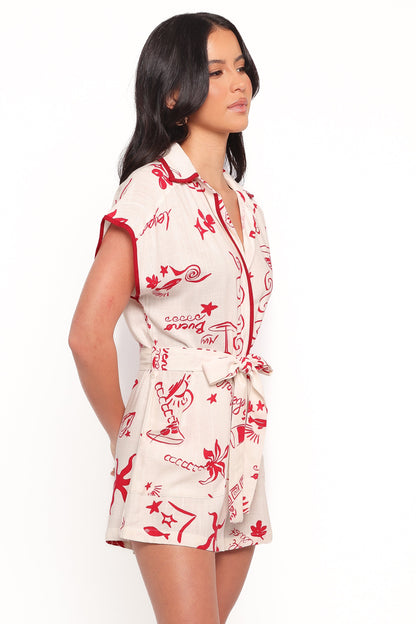 Kensie Tie Waist Romper - Red