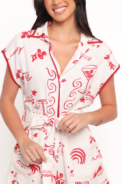 Kensie Tie Waist Romper - Red