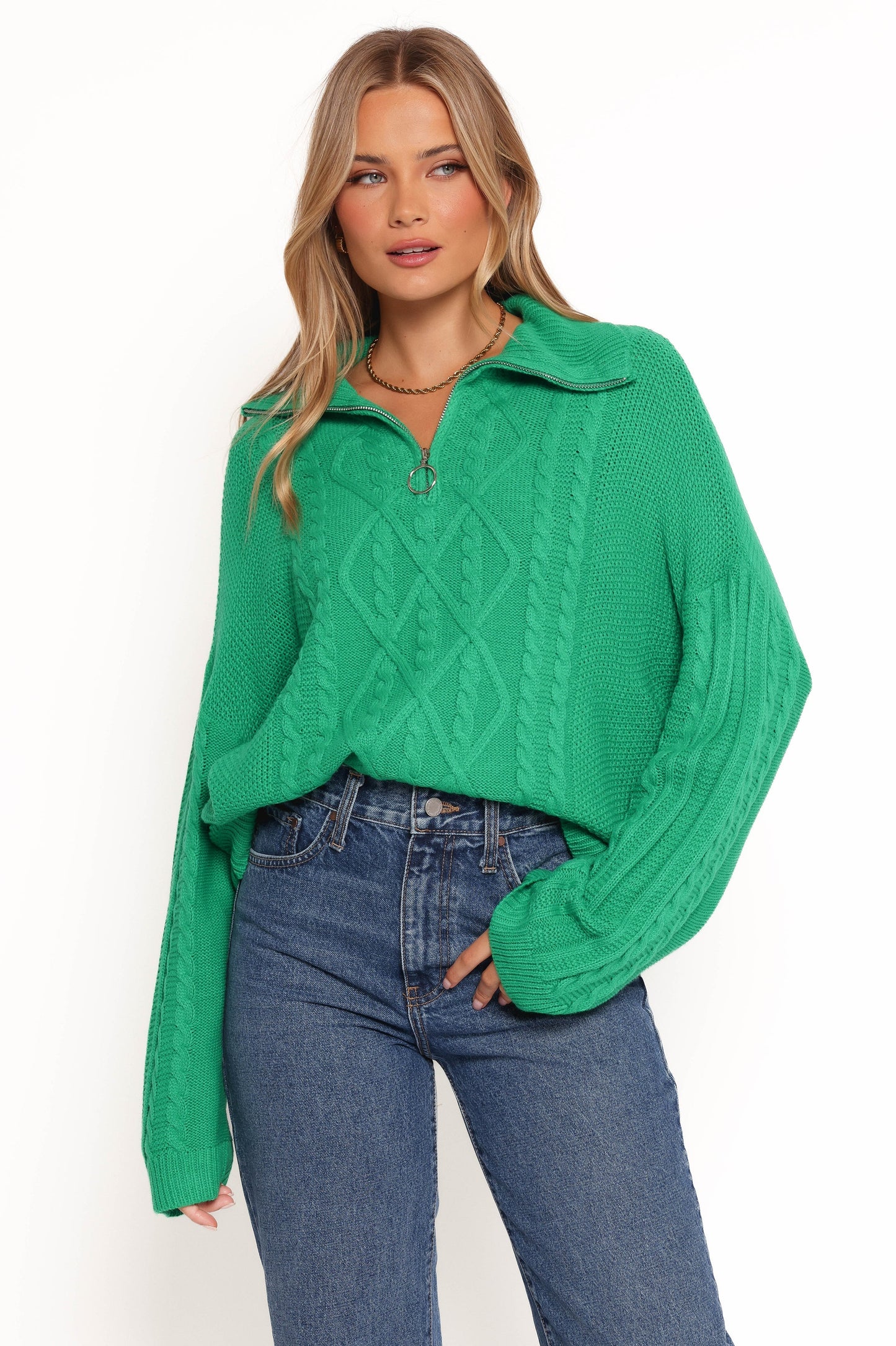 Leon Quarter Zip Cable Knit Sweater - Green