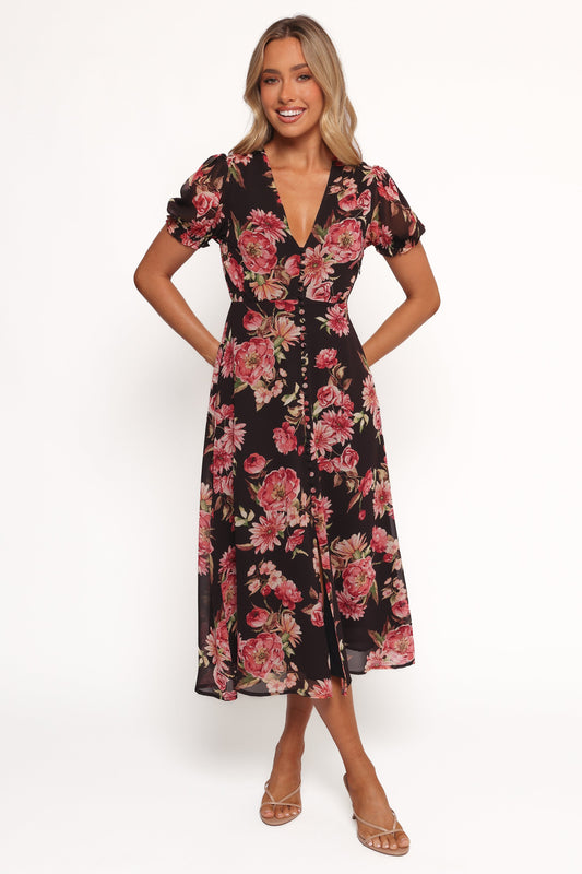 Logen Floral Midi Dress - Black Floral