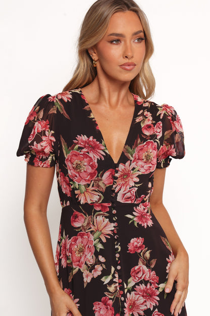 Logen Floral Midi Dress - Black Floral