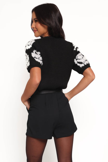 Lumara Texture Flower Short Sleeve Sweater - Black