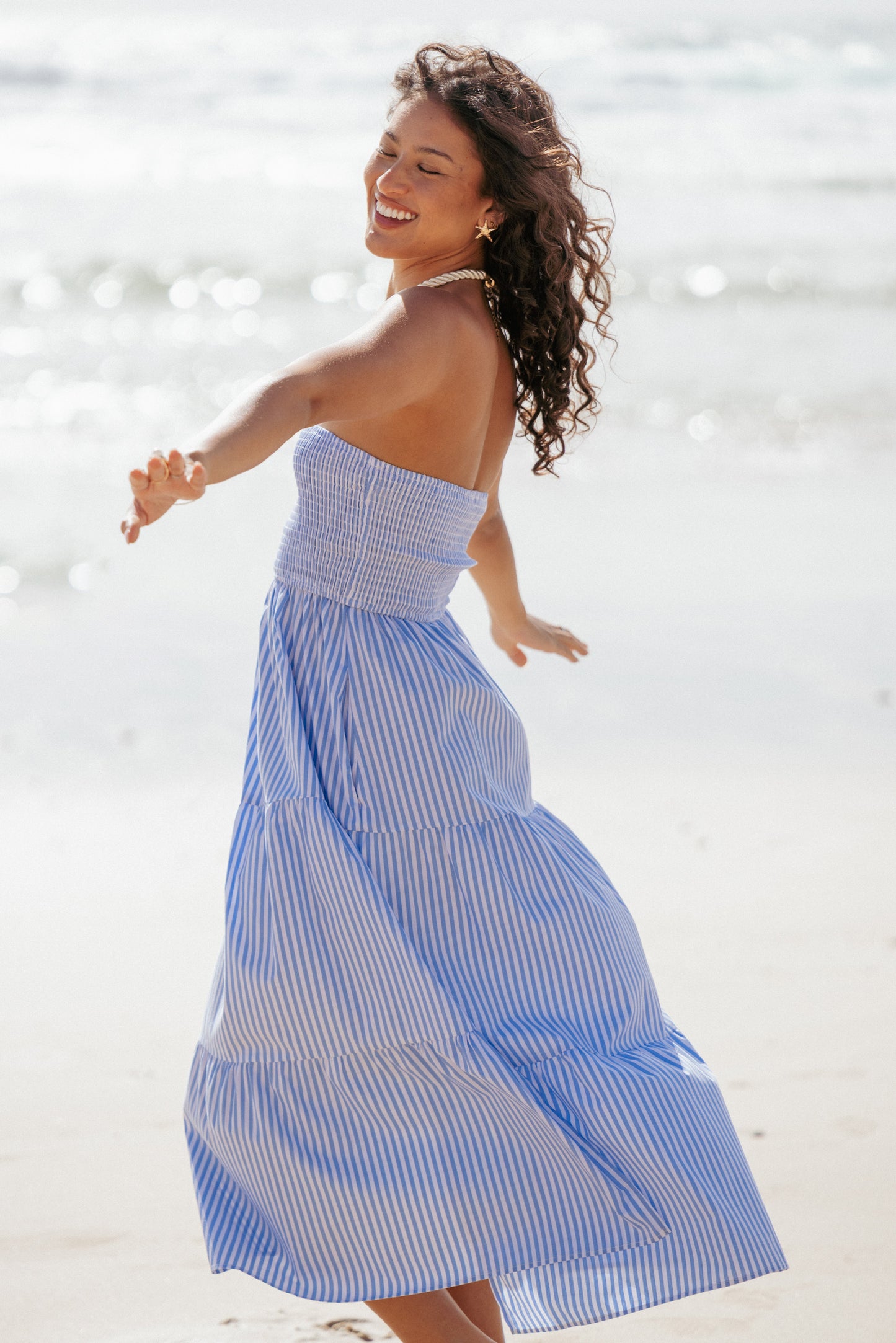 Maisie Strapless Midi Dress - Blue Stripe