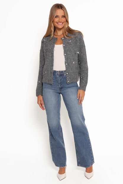 Mellie All Over Bow Button Front Cardigan - Grey