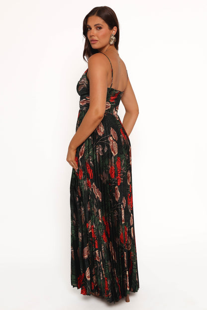 Naira Pleated Maxi Dress - Green Floral