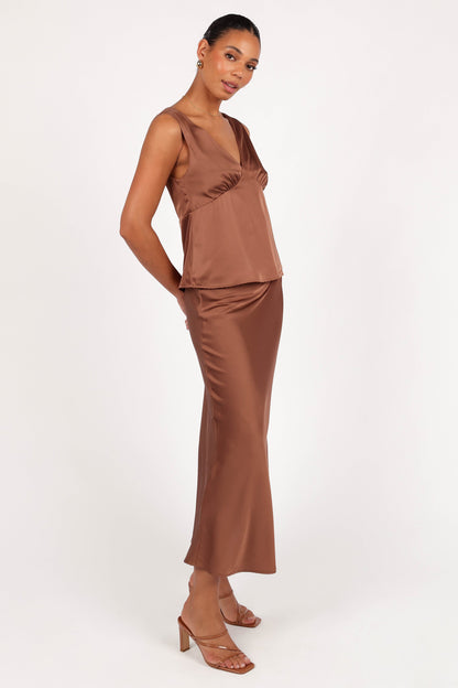 Nellie Satin Midi Skirt - Banksia Brown