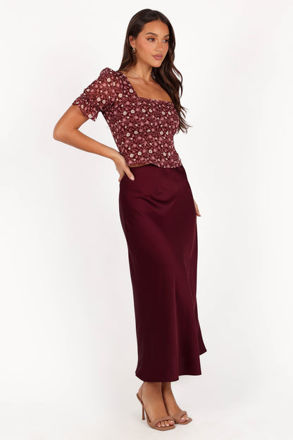 Nellie Satin Midi Skirt - Burgundy
