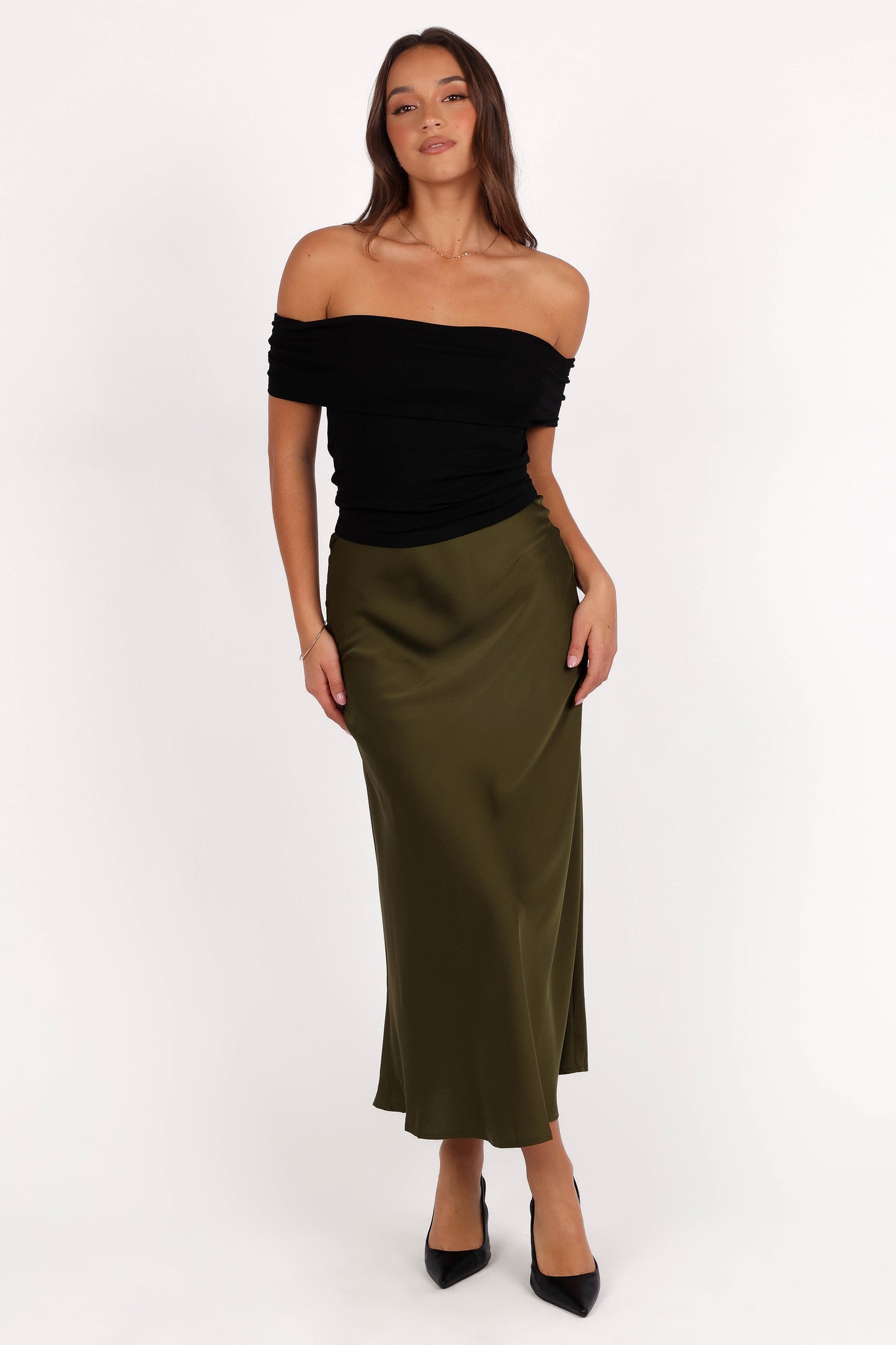 Nellie Satin Midi Skirt - Olive