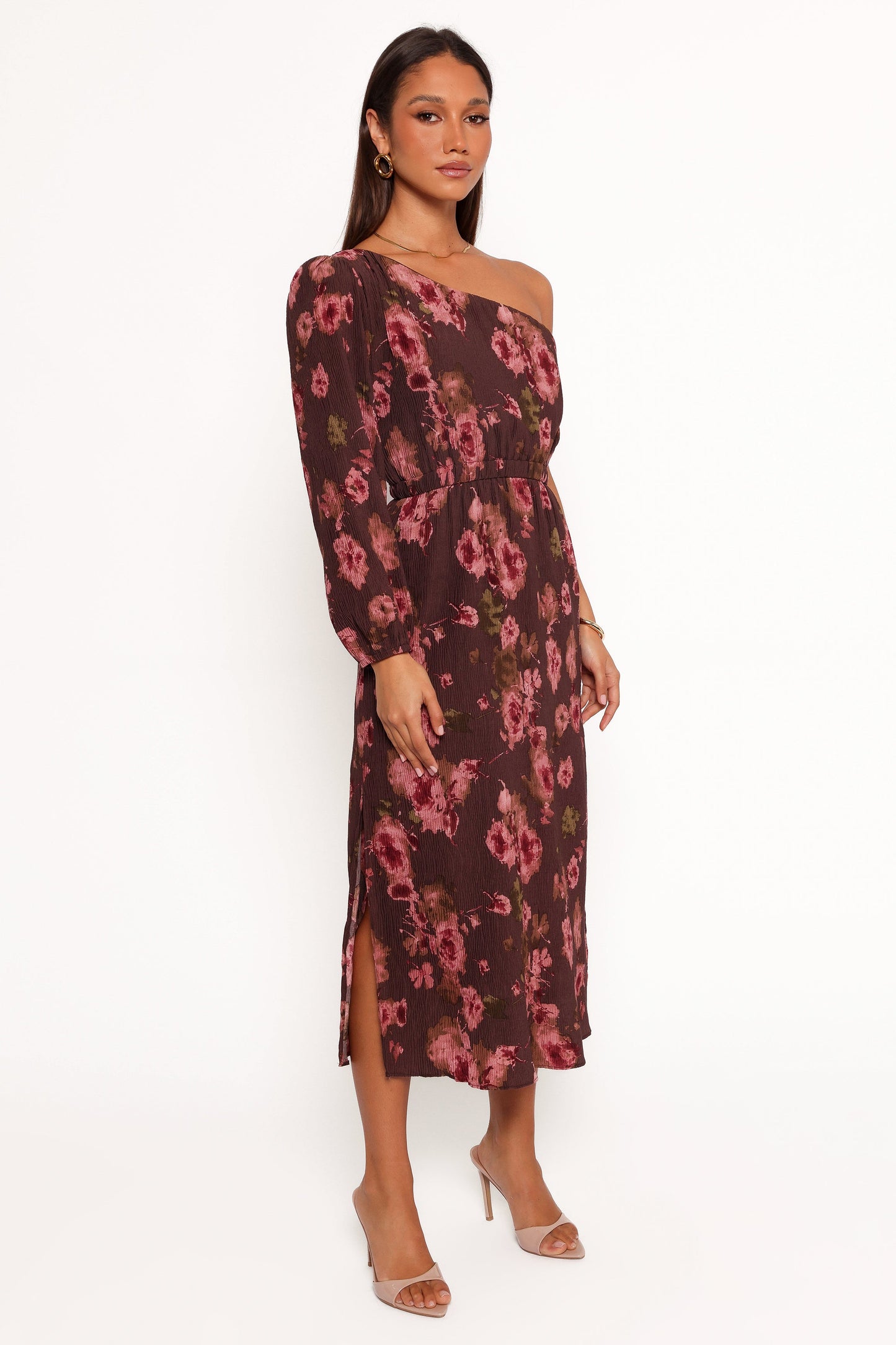 Pontee One Shoulder Pleated Midi Dress - Chocolate Brown