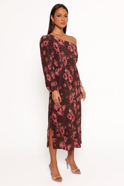 Pontee One Shoulder Pleated Midi Dress - Chocolate Brown