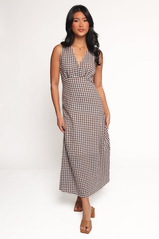 Queenie Midi Dress - Brown Gingham