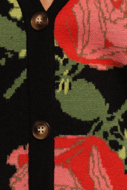 Reeva Button Front Floral Cardigan - Black Floral