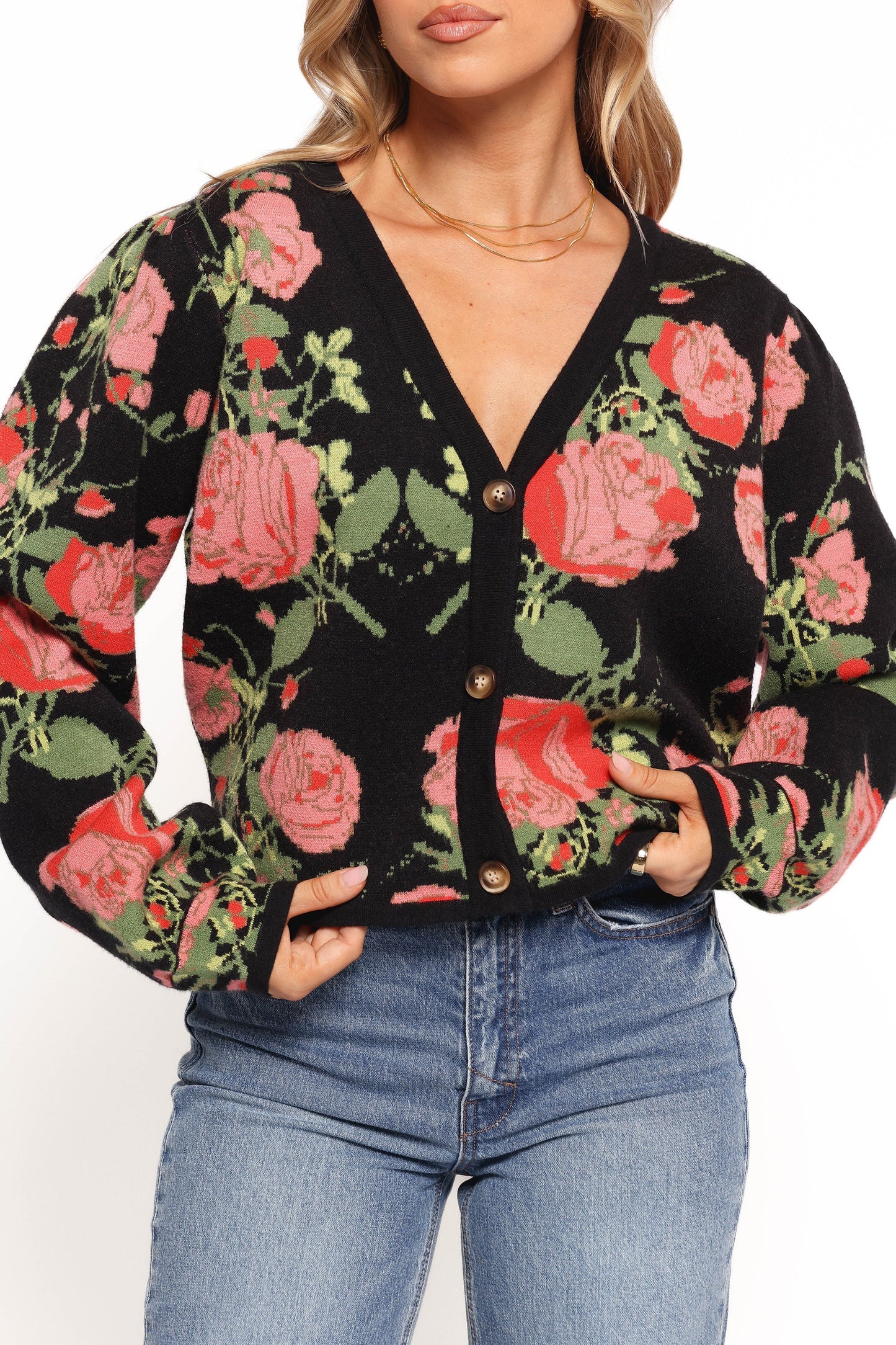 Reeva Button Front Floral Cardigan - Black Floral