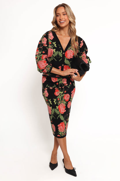 Reeva Button Front Floral Cardigan - Black Floral