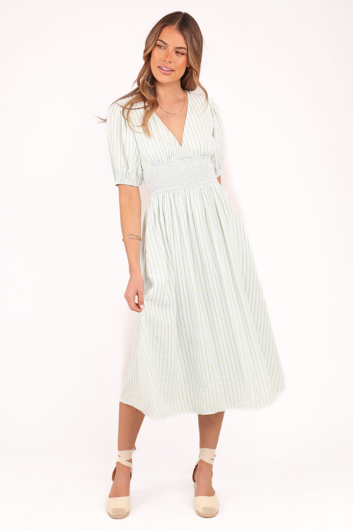 Ronnie Short Sleeve Midi Dress - Green Blue Stripe