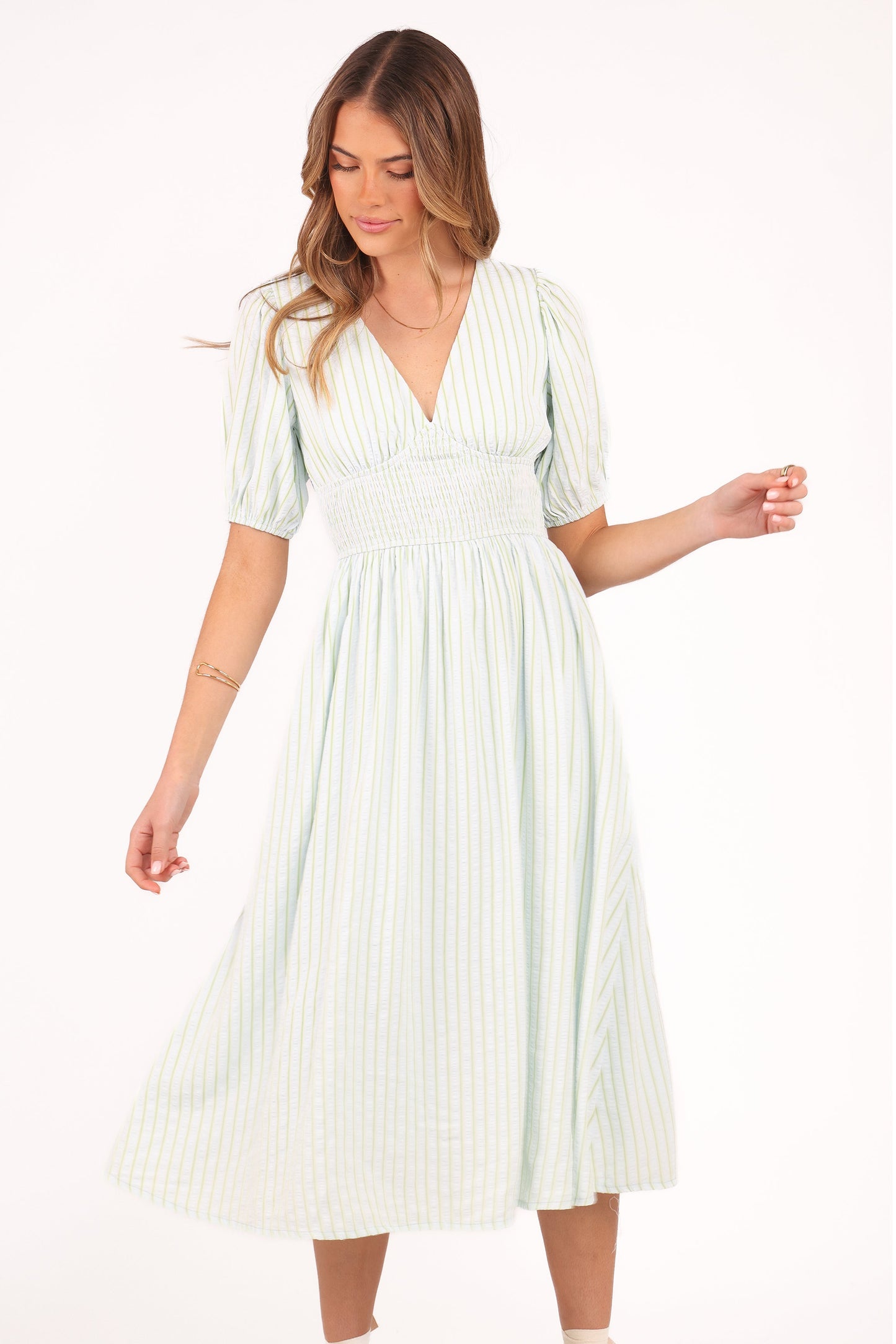 Ronnie Short Sleeve Midi Dress - Green Blue Stripe