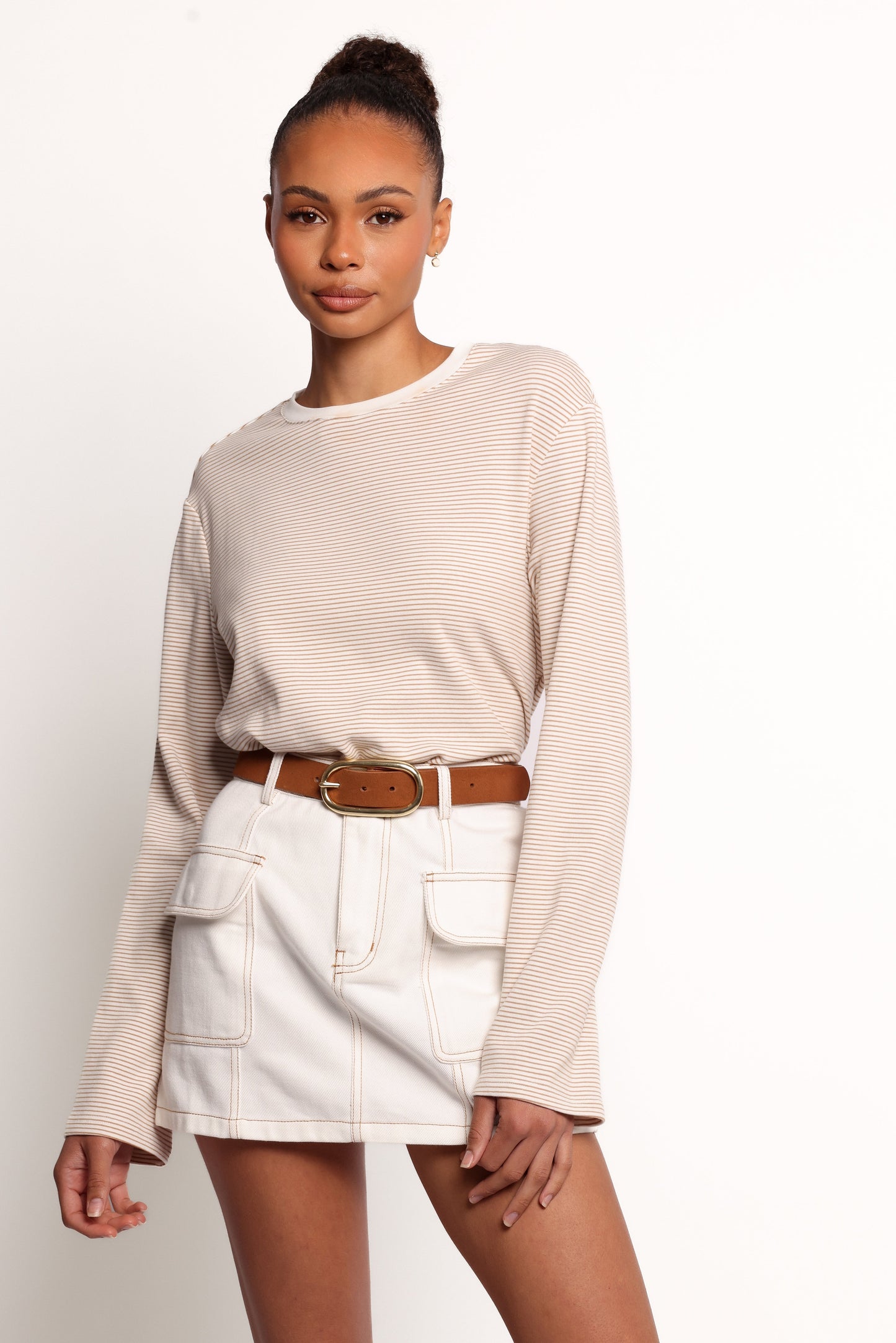 Ruva Long Sleeve Tee - Beige White Stripe
