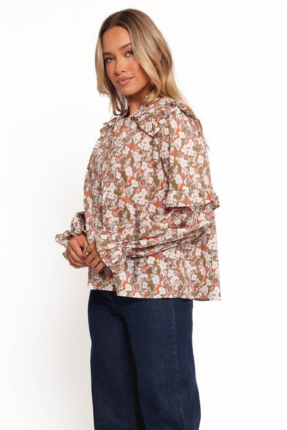 Selmah Long Sleeve Top - Cream Olive Orange