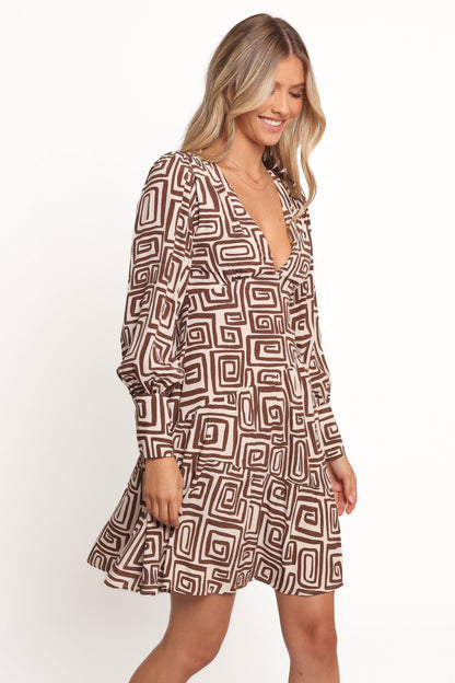 Sheridan Long Sleeve Mini Dress - Chocolate Brown Print
