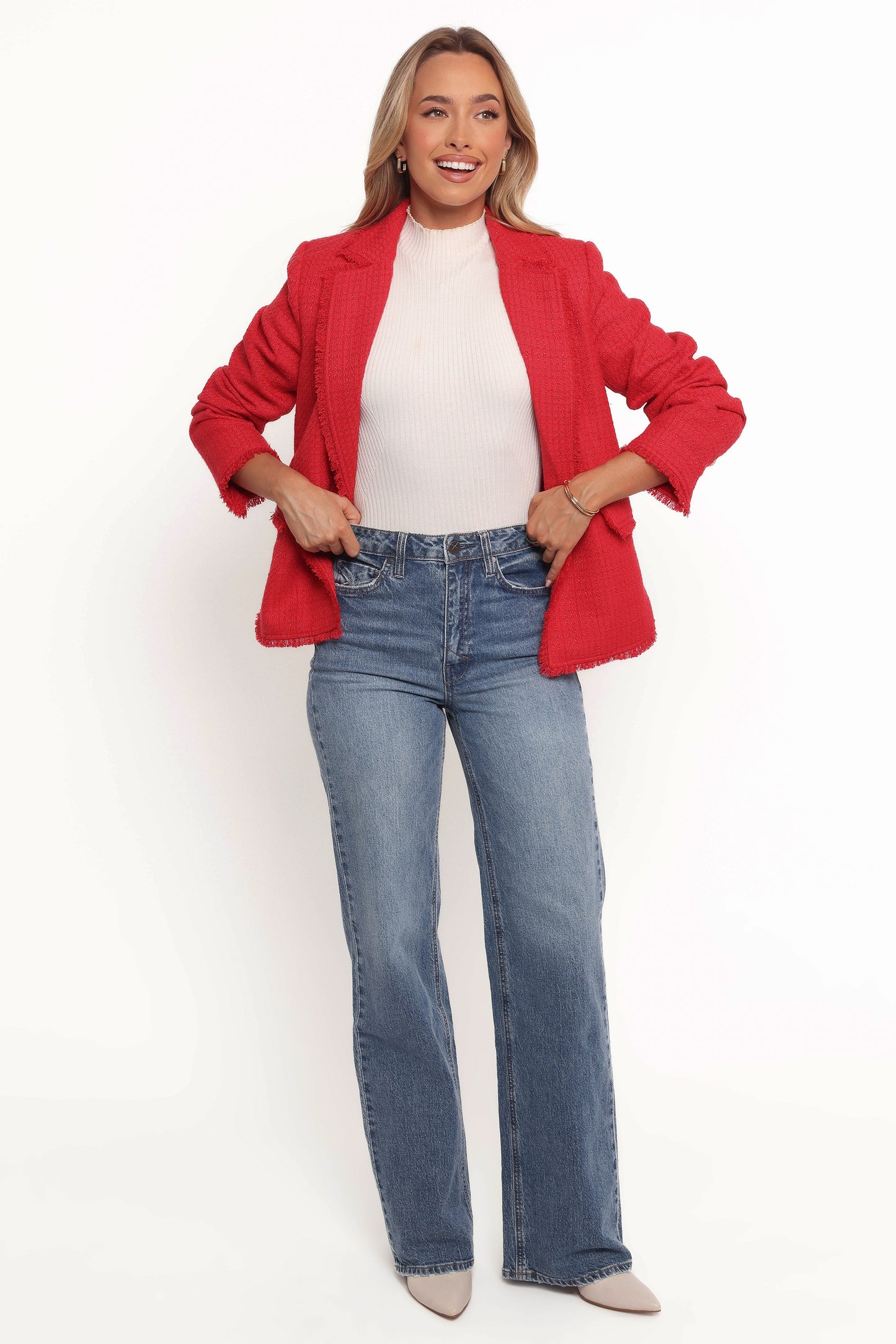 Simona Single Button Twill Blazer - Red