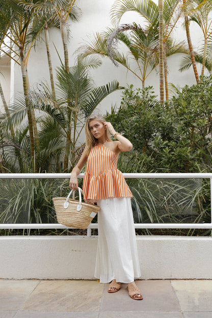 Valencia Halterneck Top - Orange Beige Stripe